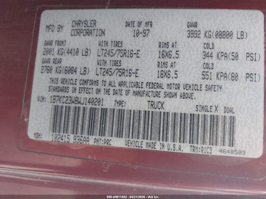 1B7KC23W8WJ140201 1998 DODGE RAM 2500 photo no. 9