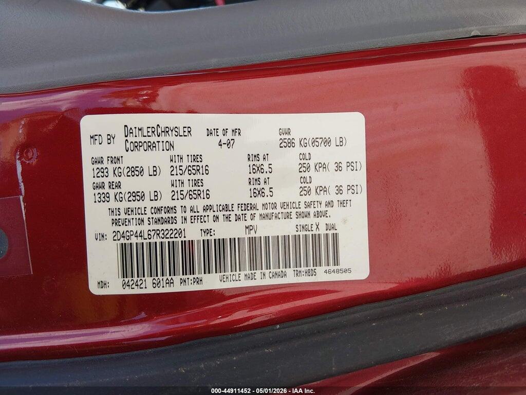2D4GP44L67R322201 2007 DODGE GRAND CARAVAN photo no. 9