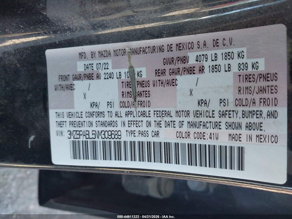 3MZBPABL5NM309689 2022 MAZDA MAZDA3 photo no. 9