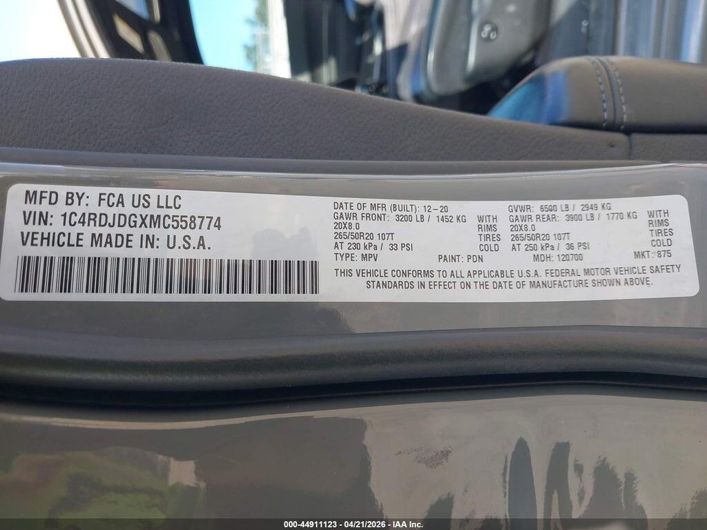 1C4RDJDGXMC558774 2021 DODGE DURANGO photo no. 9