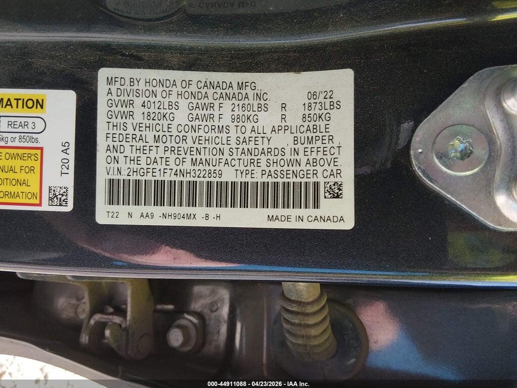 2HGFE1F74NH322859 2022 HONDA CIVIC photo no. 9