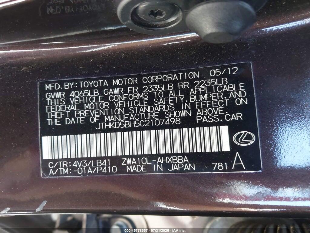 JTHKD5BH5C2107498 2012 LEXUS CT 200H photo no. 9