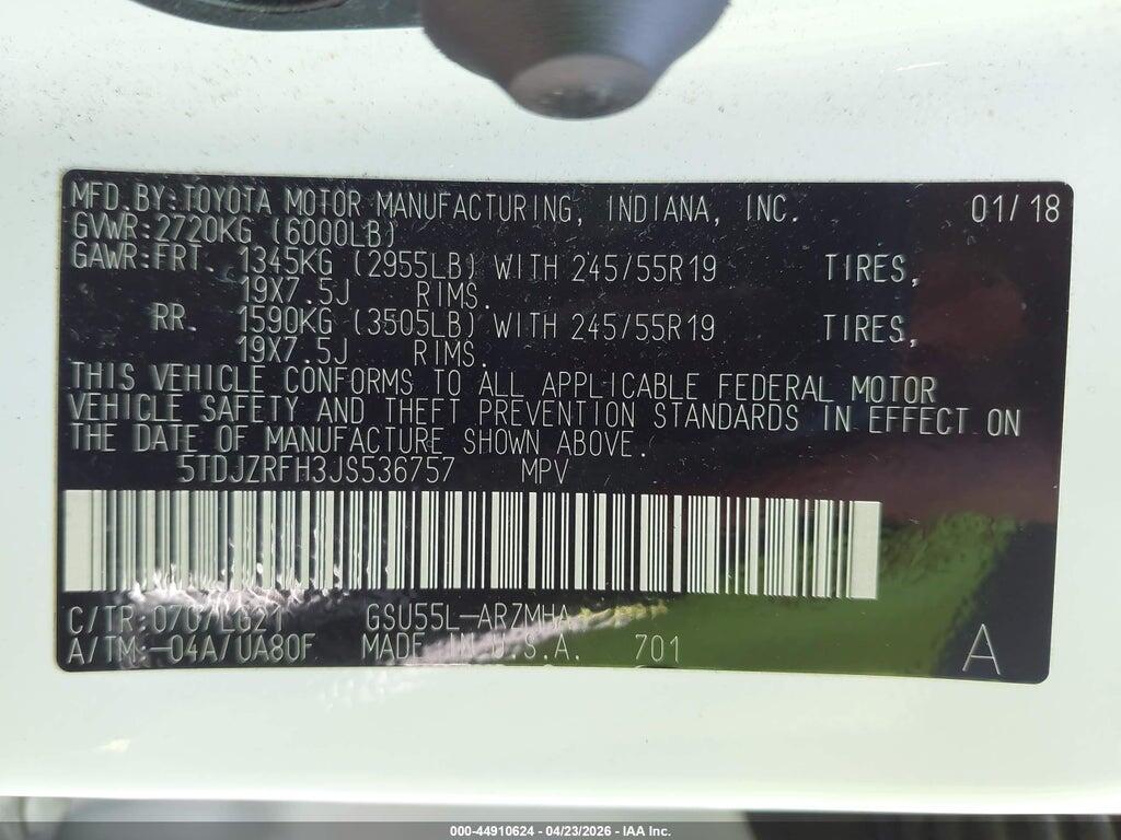 5TDJZRFH3JS536757 2018 TOYOTA HIGHLANDER photo no. 9