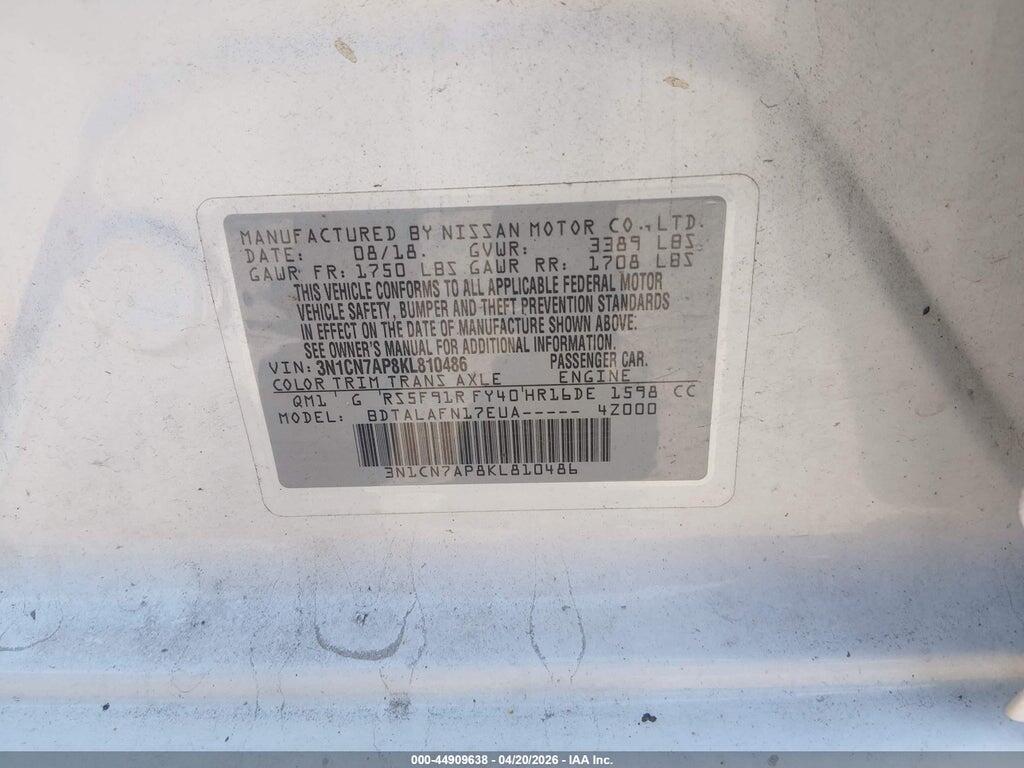 3N1CN7AP8KL810486 2019 NISSAN VERSA photo no. 9