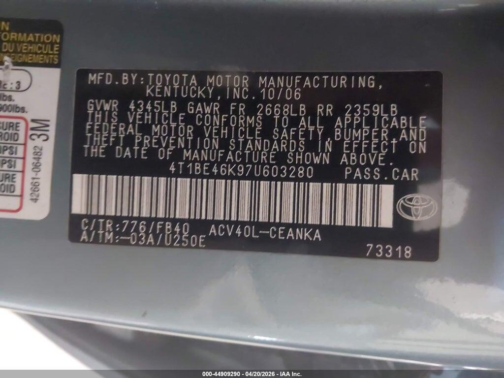 4T1BE46K97U603280 2007 TOYOTA CAMRY photo no. 9
