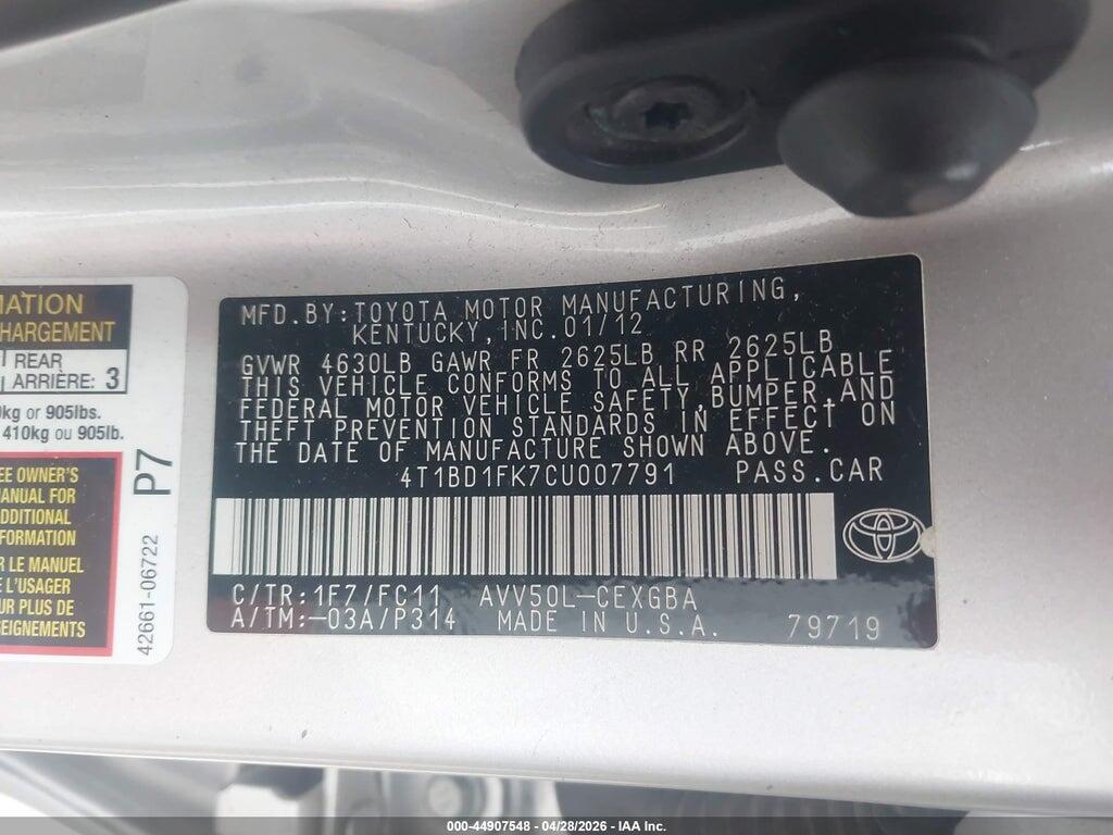 4T1BD1FK7CU007791 2012 TOYOTA CAMRY HYBRID photo no. 9