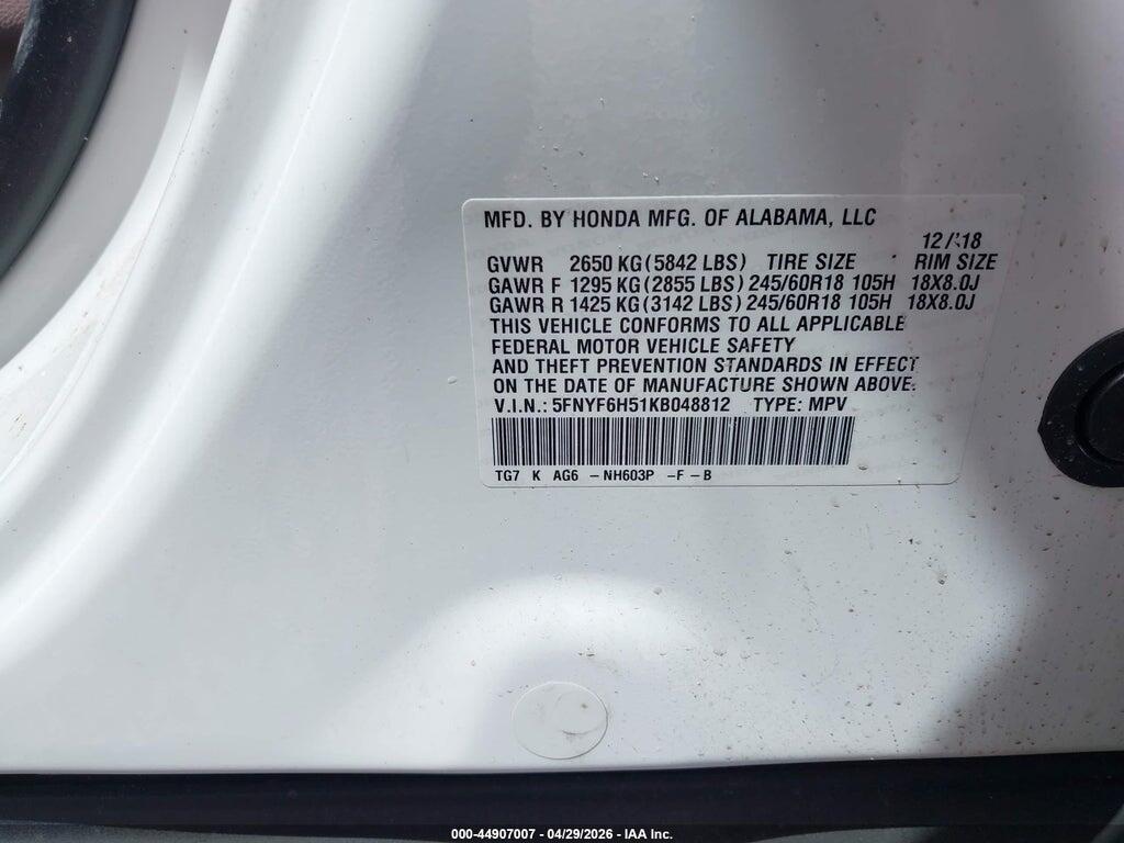 5FNYF6H51KB048812 2019 HONDA PILOT photo no. 9