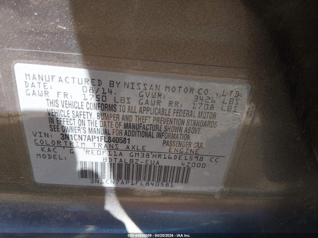 3N1CN7AP1FL840581 2015 NISSAN VERSA photo no. 9
