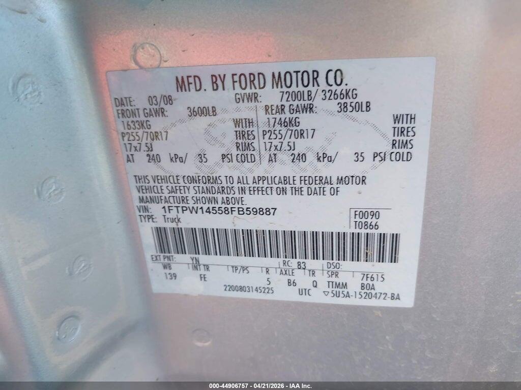 1FTPW14558FB59887 2008 FORD F-150 photo no. 9