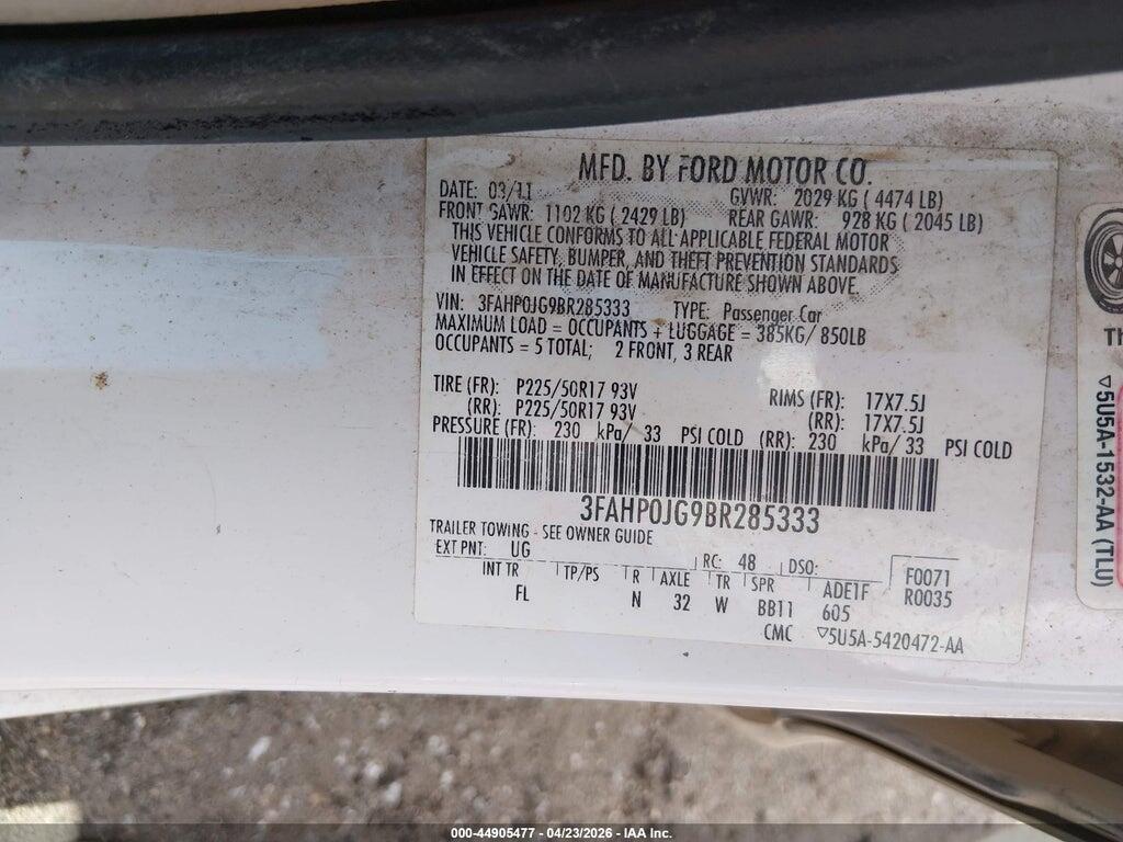 3FAHP0JG9BR285333 2011 FORD FUSION photo no. 9
