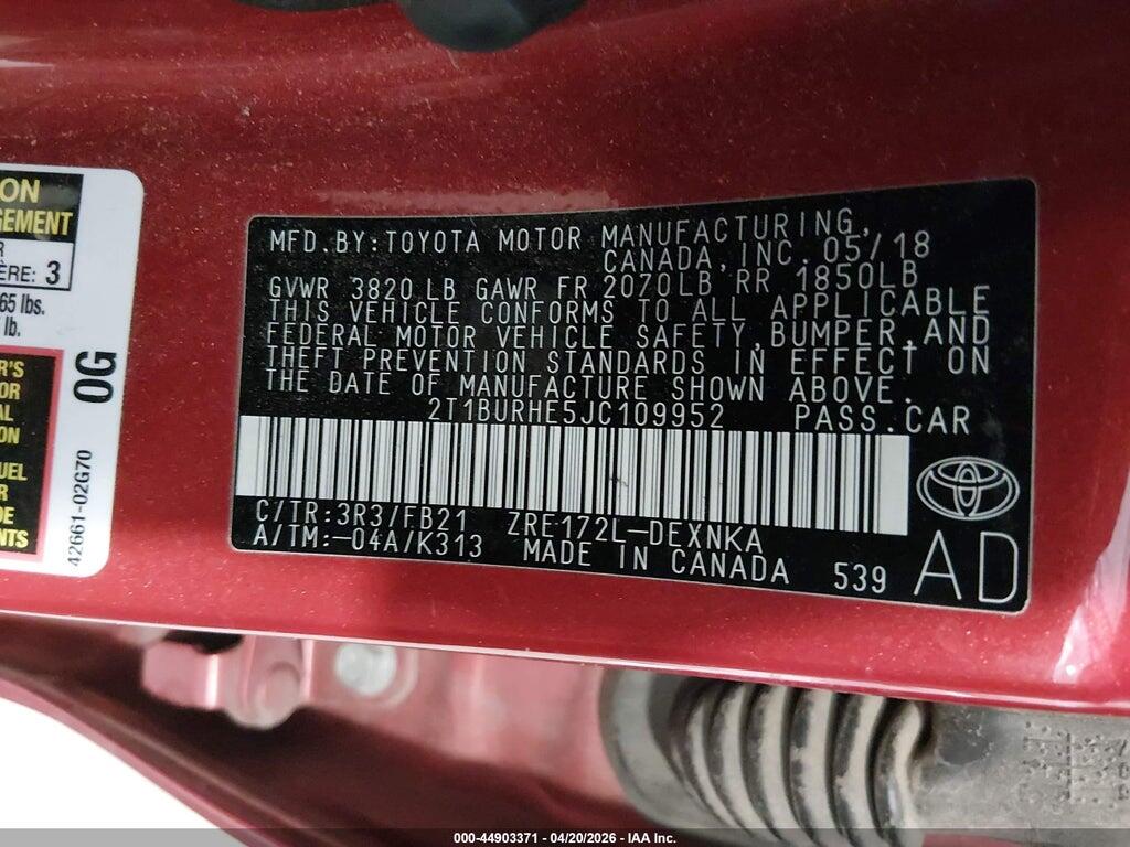 2T1BURHE5JC109952 2018 TOYOTA COROLLA photo no. 9