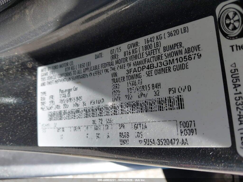3FADP4BJ3GM105879 2016 FORD FIESTA photo no. 9
