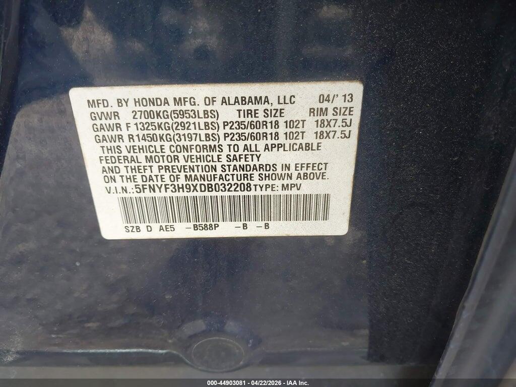 5FNYF3H9XDB032208 2013 HONDA PILOT photo no. 9
