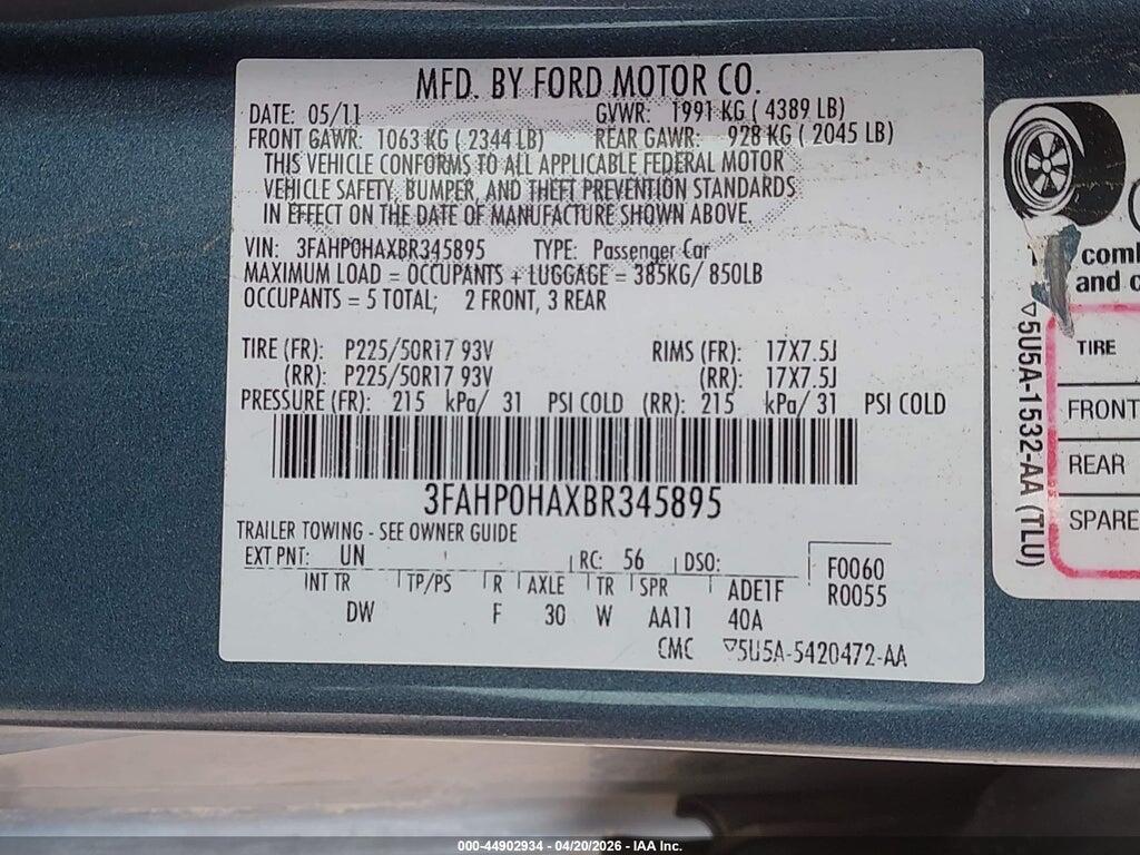 3FAHP0HAXBR345895 2011 FORD FUSION photo no. 9