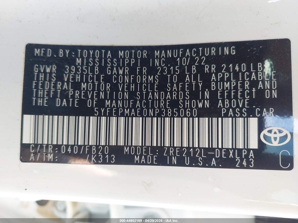 5YFEPMAE0NP385060 2022 TOYOTA COROLLA photo no. 9