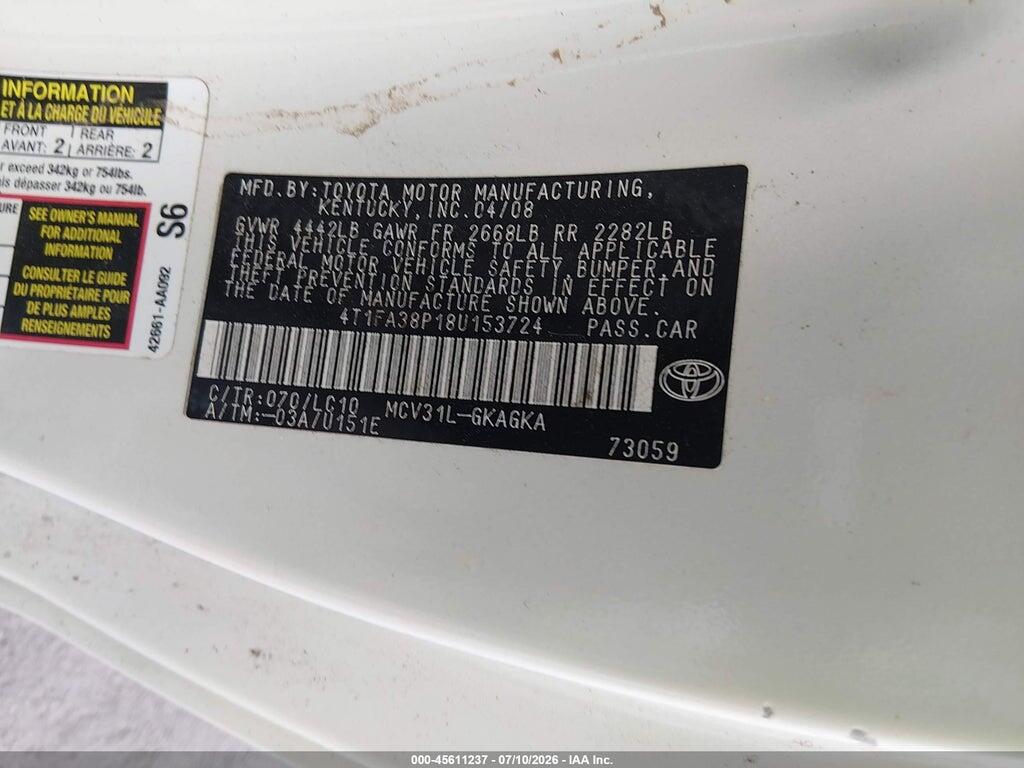 4T1FA38P18U153724 2008 TOYOTA CAMRY SOLARA photo no. 9