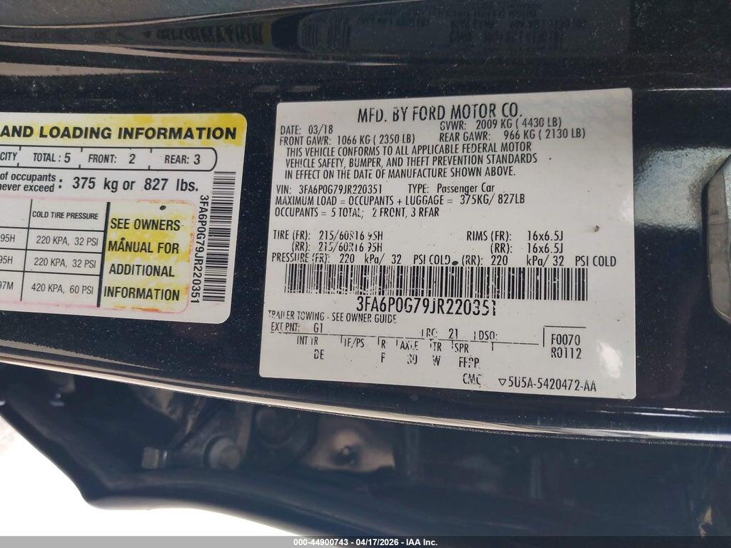 3FA6P0G79JR220351 2018 FORD FUSION photo no. 9