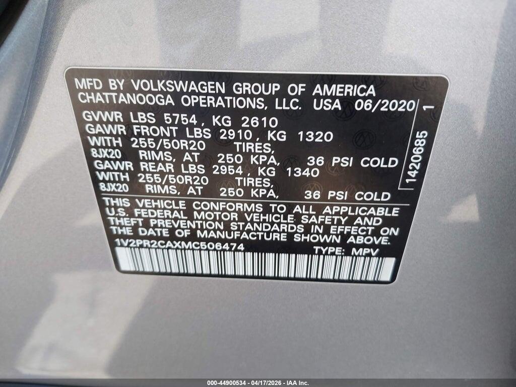 1V2PR2CAXMC506474 2021 VOLKSWAGEN ATLAS photo no. 9
