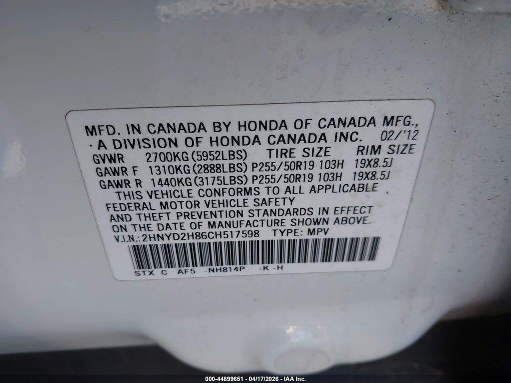 2HNYD2H86CH517598 2012 ACURA MDX photo no. 9