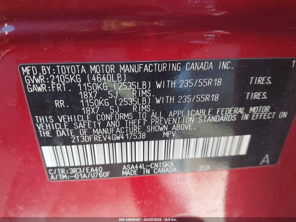 2T3DFREV4GW417538 2016 TOYOTA RAV4 photo no. 9