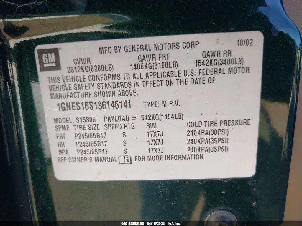 1GNES16S136146141 2003 CHEVROLET TRAILBLAZER EXT photo no. 9