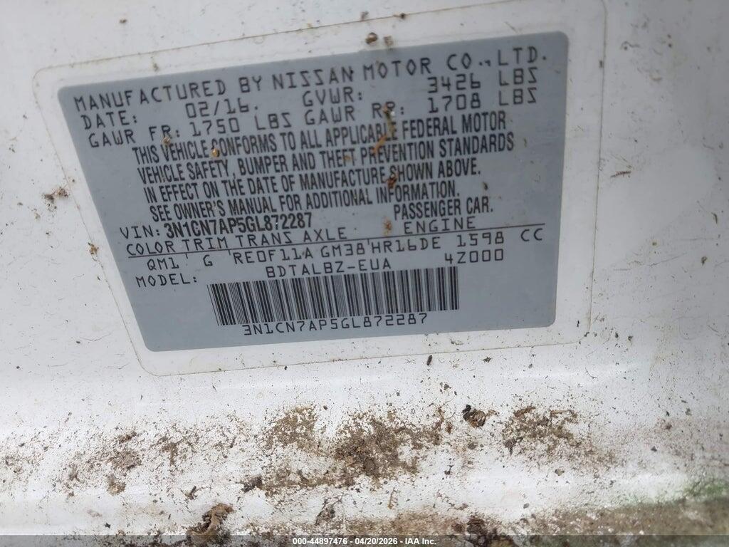 3N1CN7AP5GL872287 2016 NISSAN VERSA photo no. 9