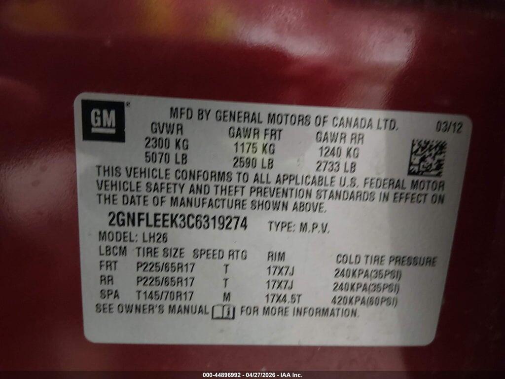 2GNFLEEK3C6319274 2012 CHEVROLET EQUINOX photo no. 9