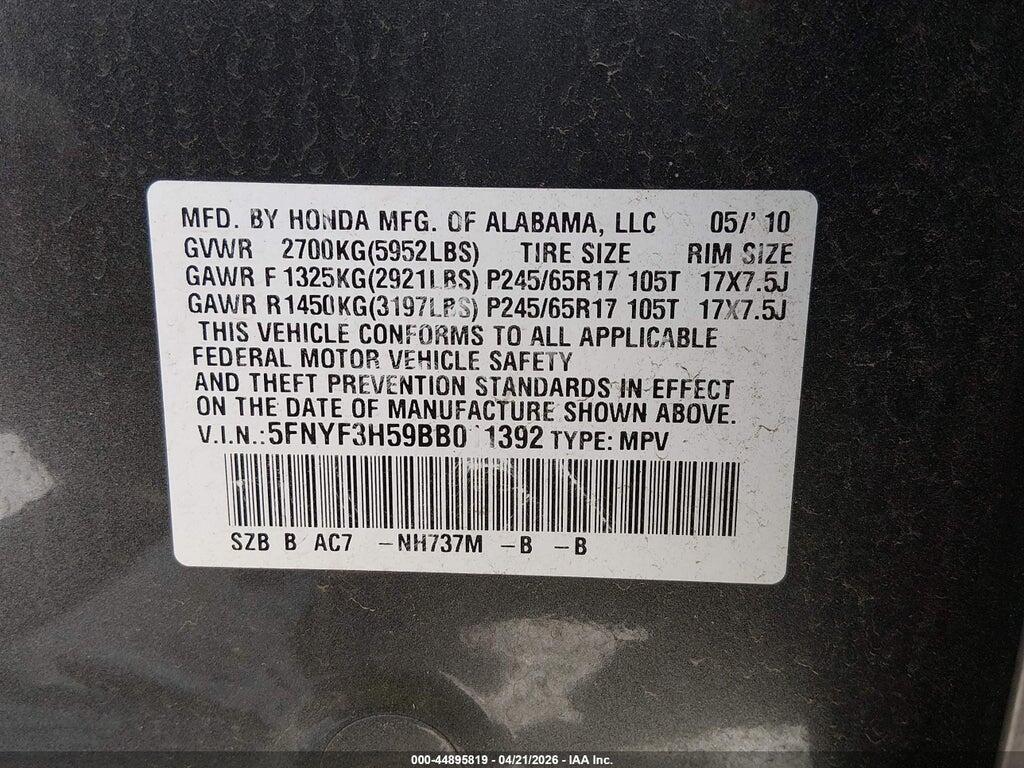 5FNYF3H59BB011392 2011 HONDA PILOT photo no. 9