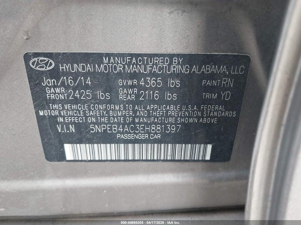 5NPEB4AC3EH881397 2014 HYUNDAI SONATA photo no. 9