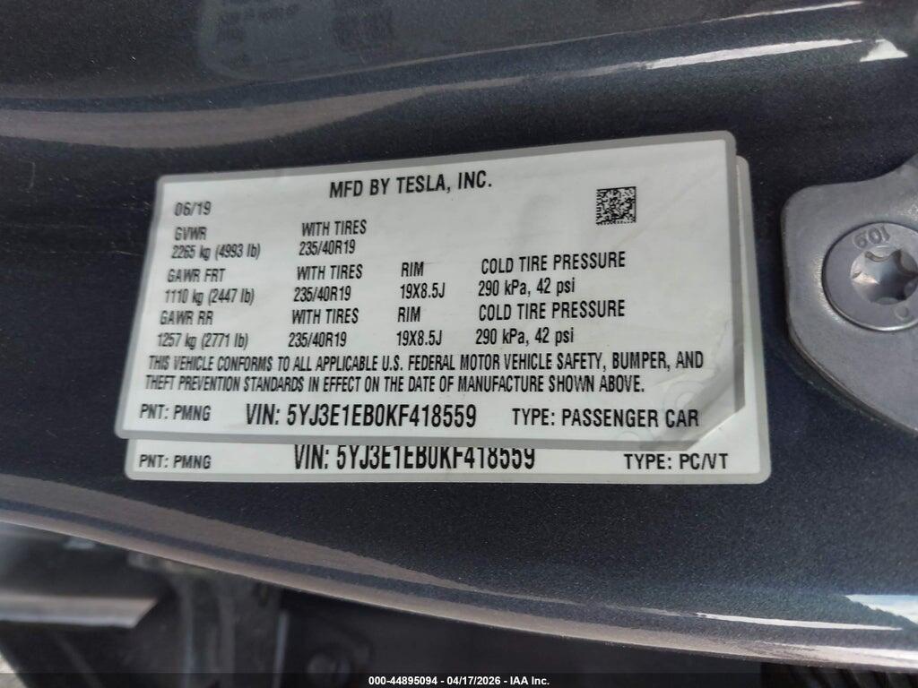 5YJ3E1EB0KF418559 2019 TESLA MODEL 3 photo no. 9