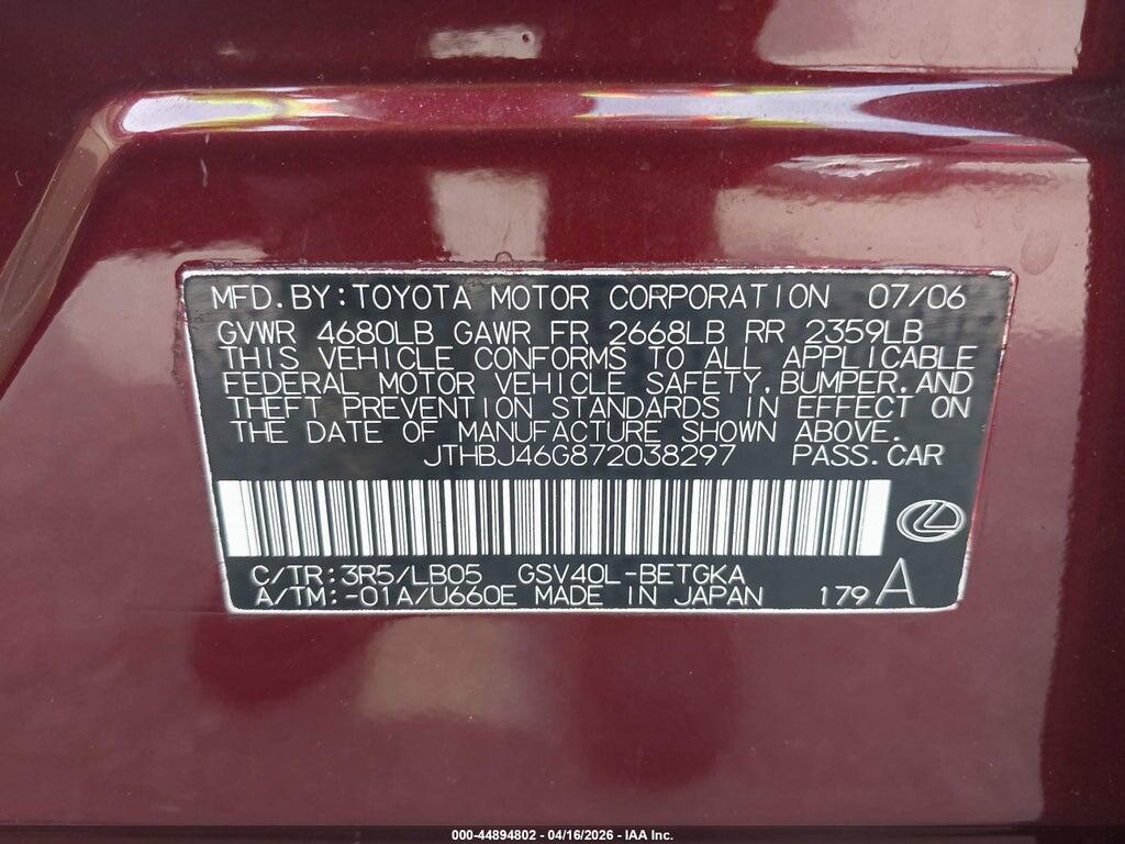JTHBJ46G872038297 2007 LEXUS ES 350 photo no. 9