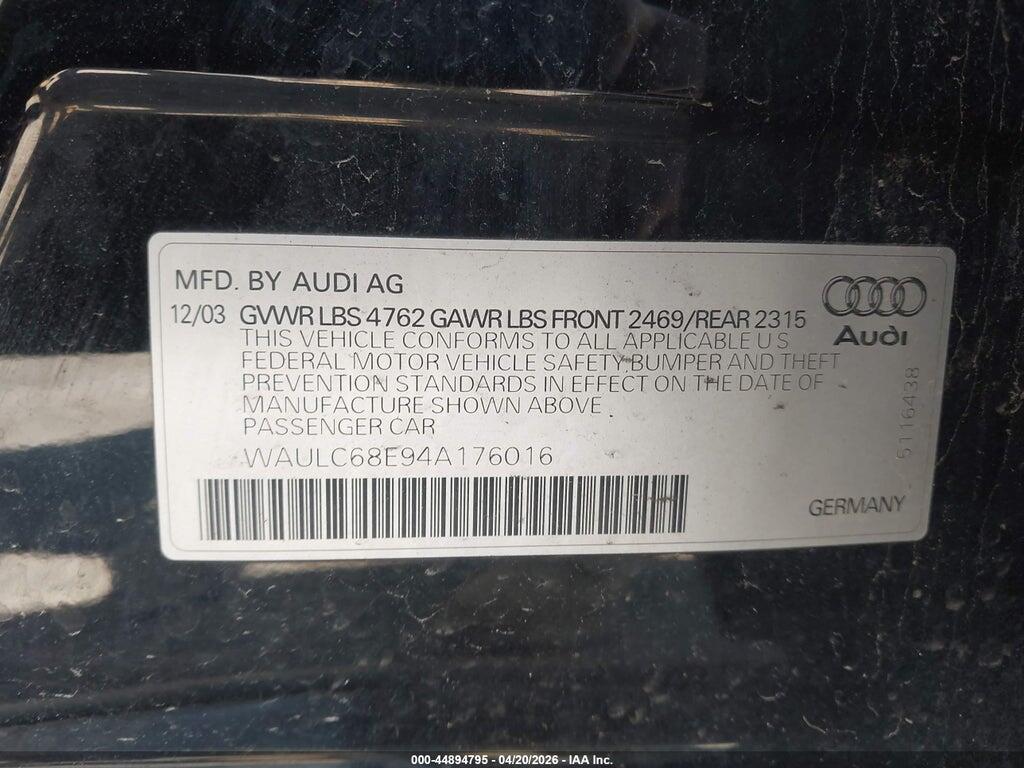WAULC68E94A176016 2004 AUDI A4 photo no. 9