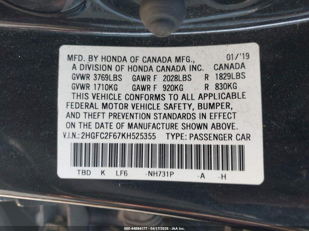 2HGFC2F67KH525355 2019 HONDA CIVIC photo no. 9