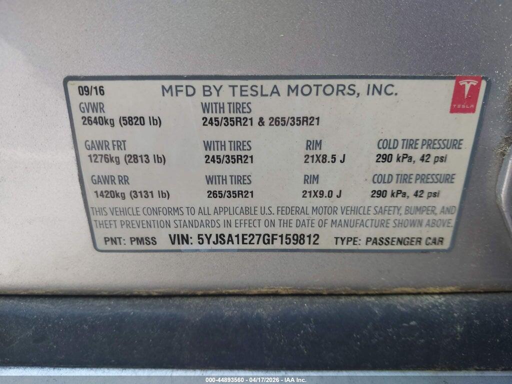 5YJSA1E27GF159812 2016 TESLA MODEL S photo no. 9