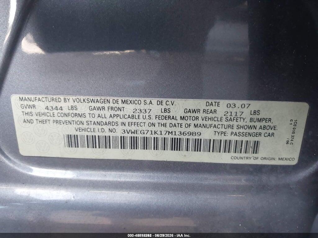 3VWEG71K17M136989 2007 VOLKSWAGEN JETTA photo no. 9