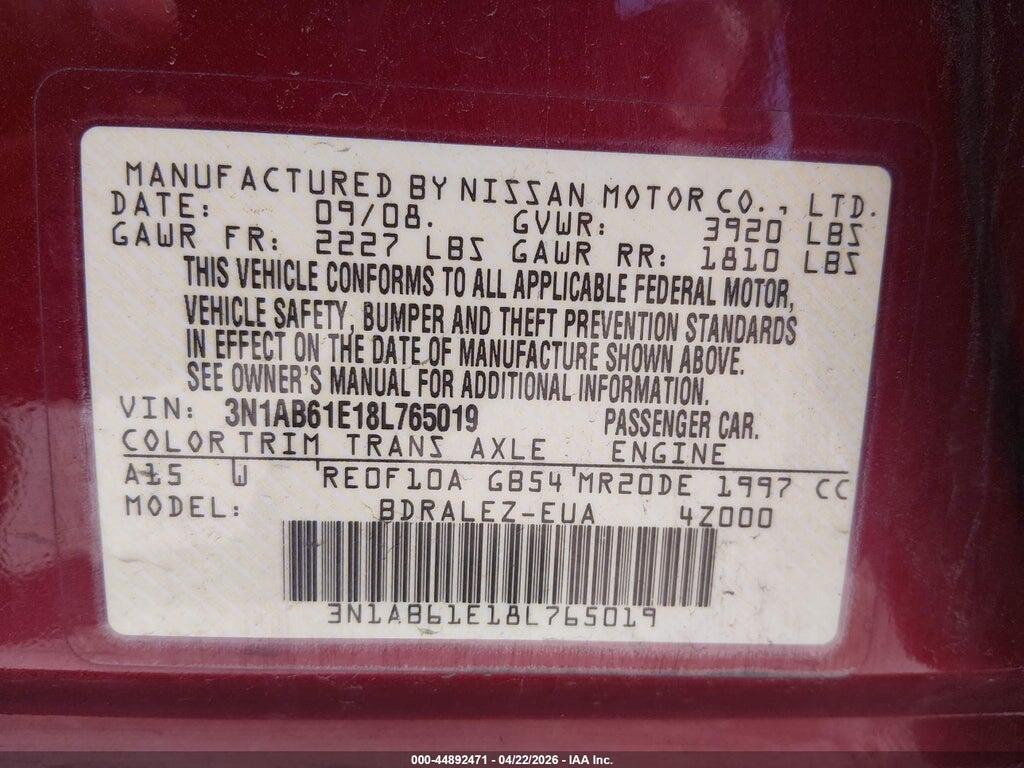 3N1AB61E18L765019 2008 NISSAN SENTRA photo no. 9