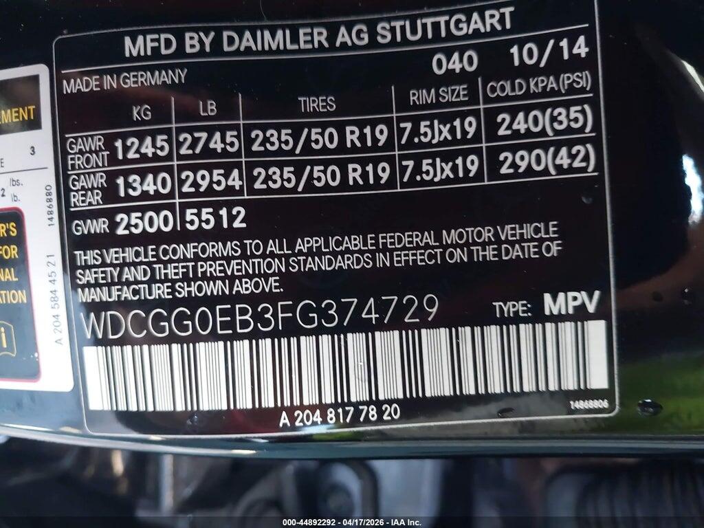 WDCGG0EB3FG374729 2015 MERCEDES-BENZ GLK 250 BLUETEC photo no. 9