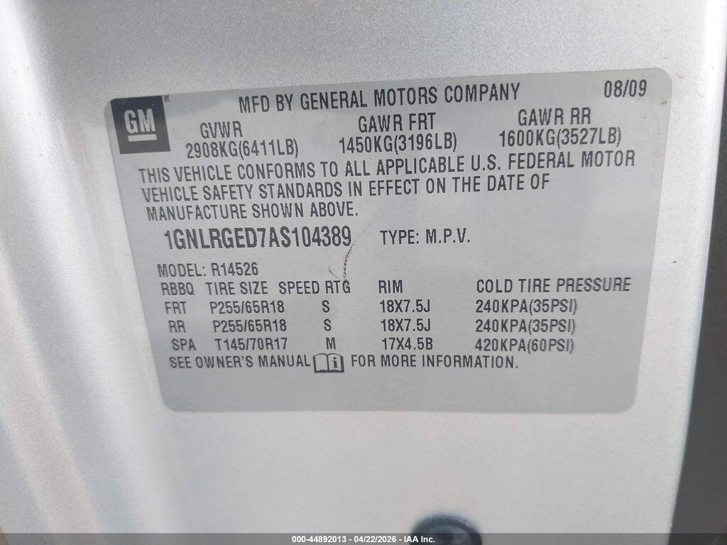 1GNLRGED7AS104389 2010 CHEVROLET TRAVERSE photo no. 9