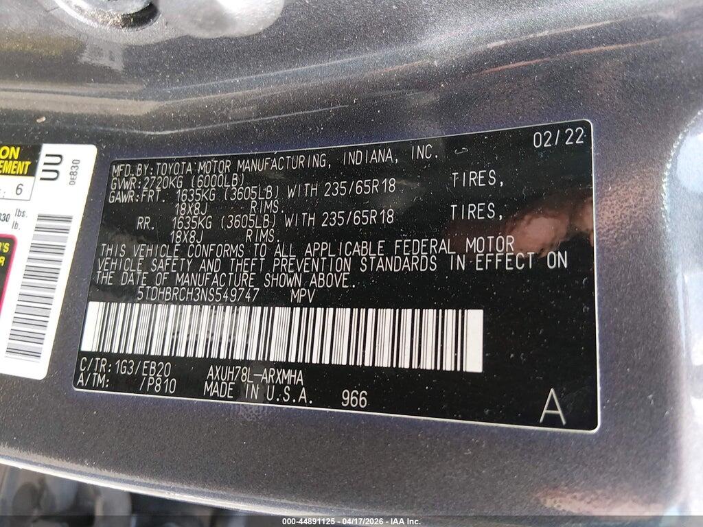 5TDHBRCH3NS549747 2022 TOYOTA HIGHLANDER photo no. 9
