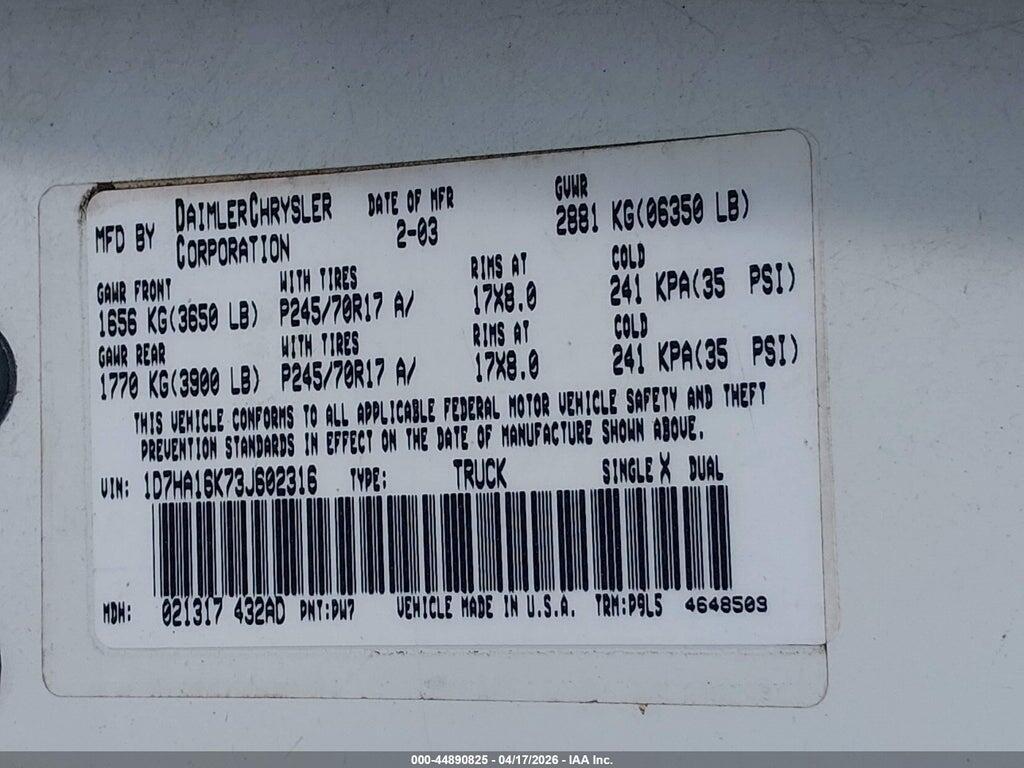 1D7HA16K73J602316 2003 DODGE RAM 1500 photo no. 9