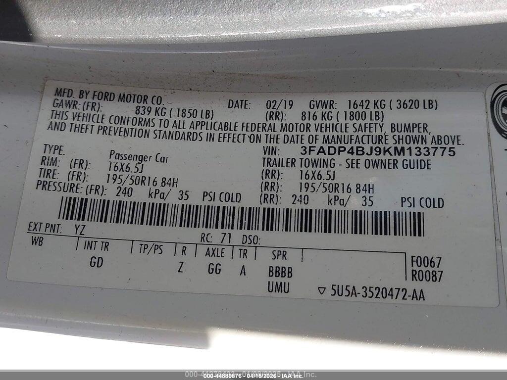 3FADP4BJ9KM133775 2019 FORD FIESTA photo no. 9