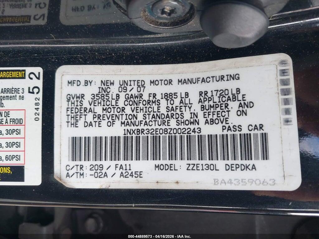 1NXBR32E08Z002243 2008 TOYOTA COROLLA photo no. 9