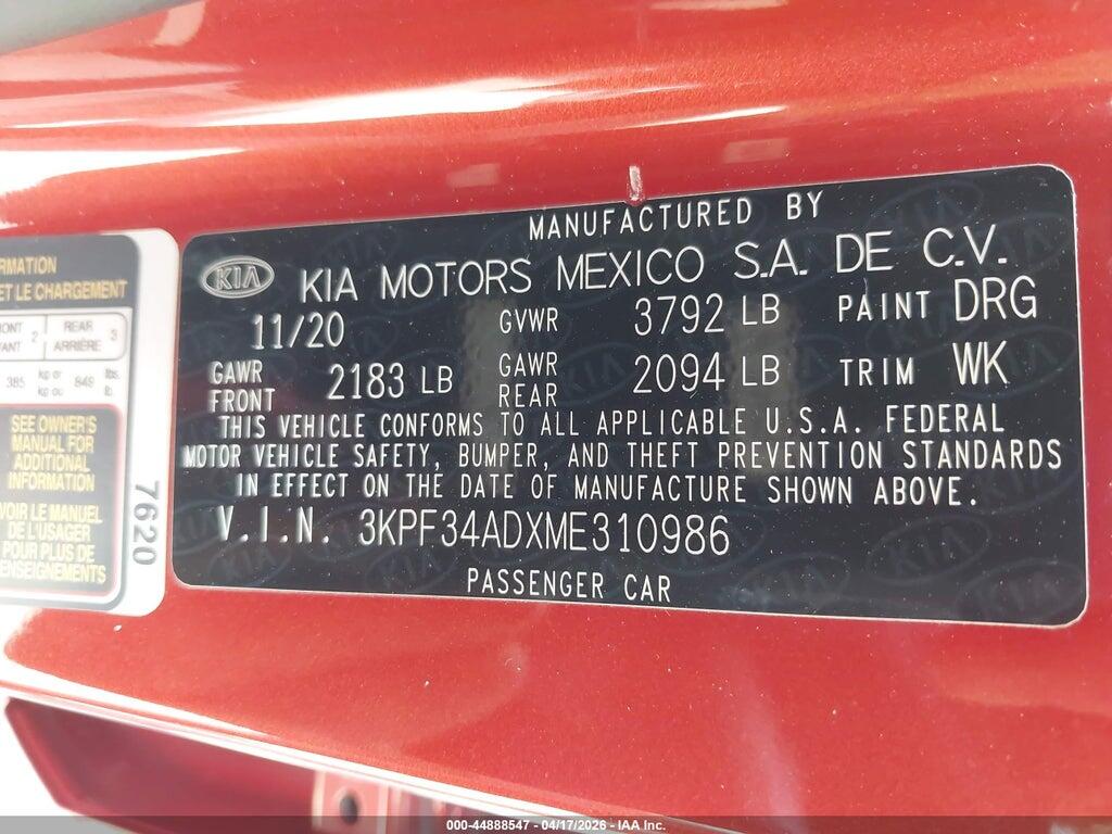 3KPF34ADXME310986 2021 KIA FORTE photo no. 9