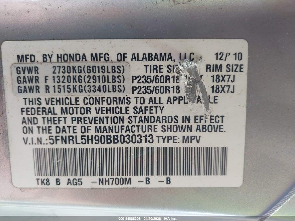 5FNRL5H90BB030313 2011 HONDA ODYSSEY photo no. 9