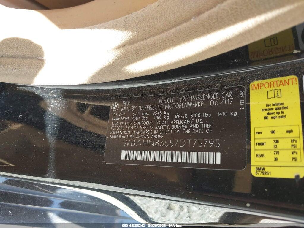 WBAHN83557DT75795 2007 BMW 750LI photo no. 9
