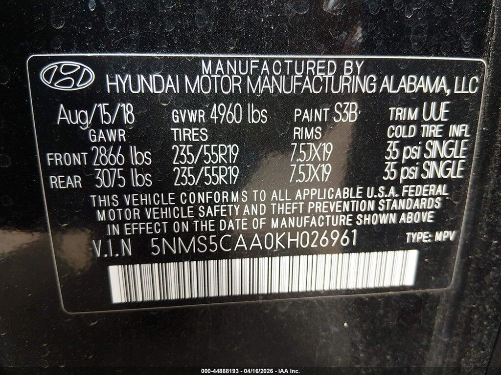 5NMS5CAA0KH026961 2019 HYUNDAI SANTA FE photo no. 9