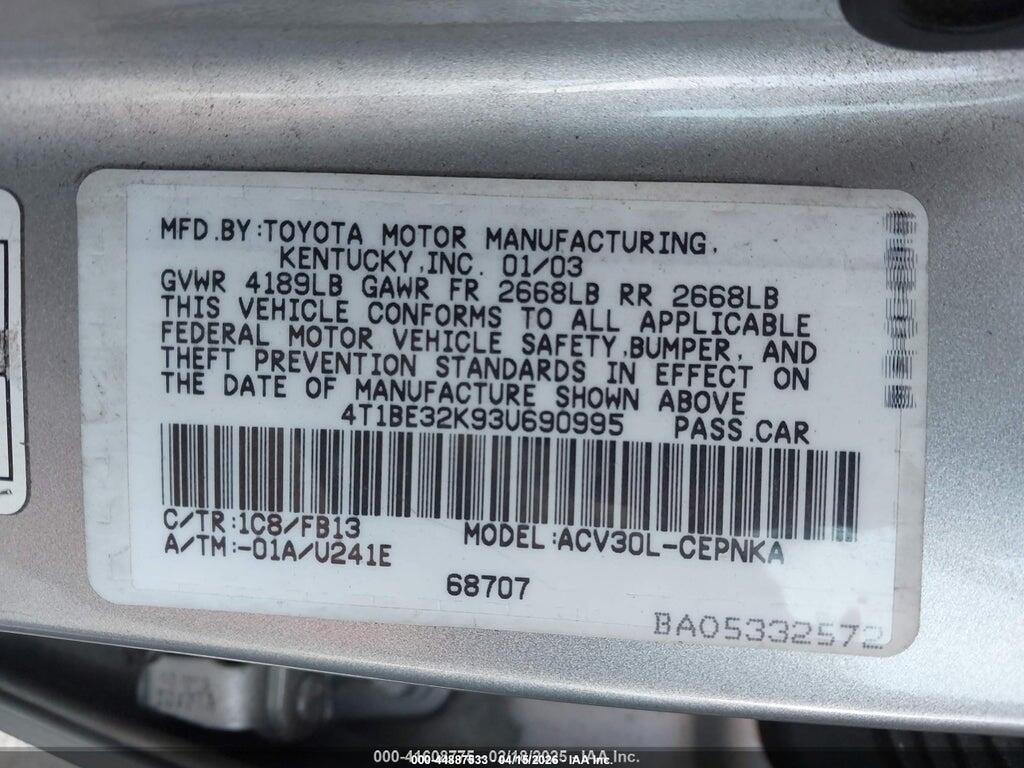 4T1BE32K93U690995 2003 TOYOTA CAMRY photo no. 9