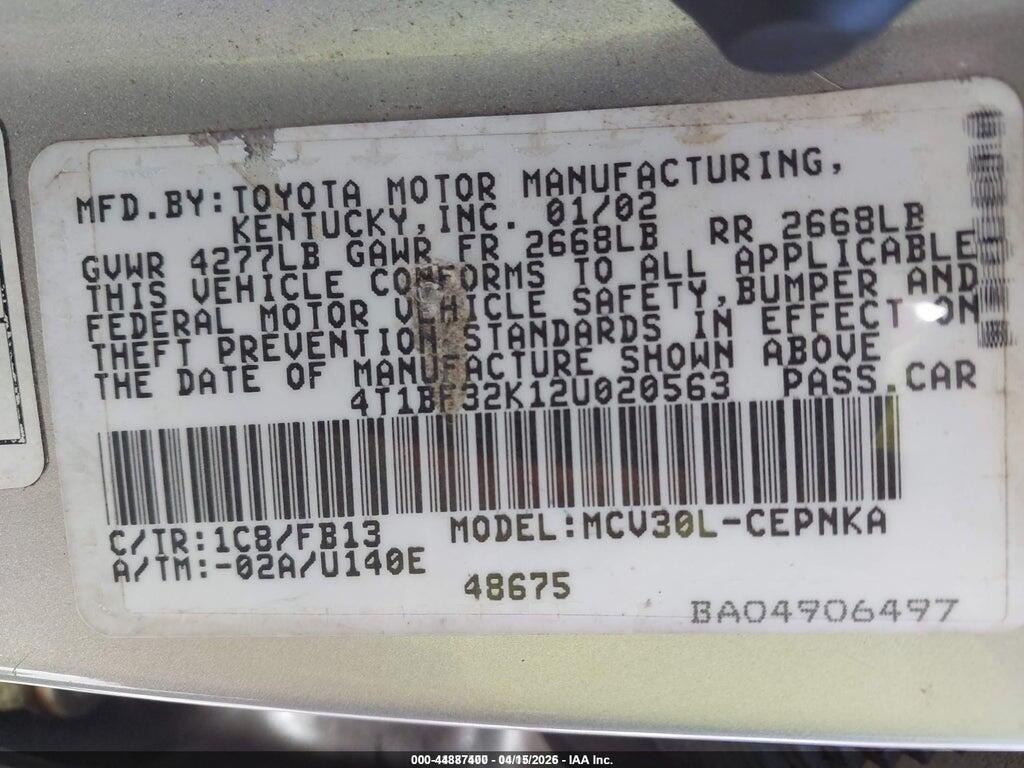 4T1BF32K12U020563 2002 TOYOTA CAMRY photo no. 9