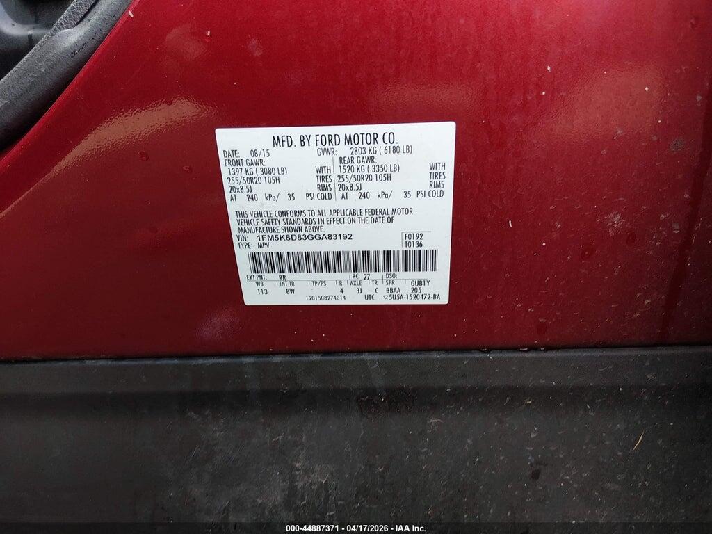 1FM5K8D83GGA83192 2016 FORD EXPLORER photo no. 9