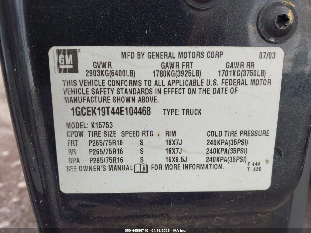 1GCEK19T44E104468 2004 CHEVROLET SILVERADO 1500 photo no. 9